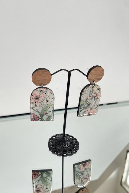 Resin Earrings - White, pink and sage floral