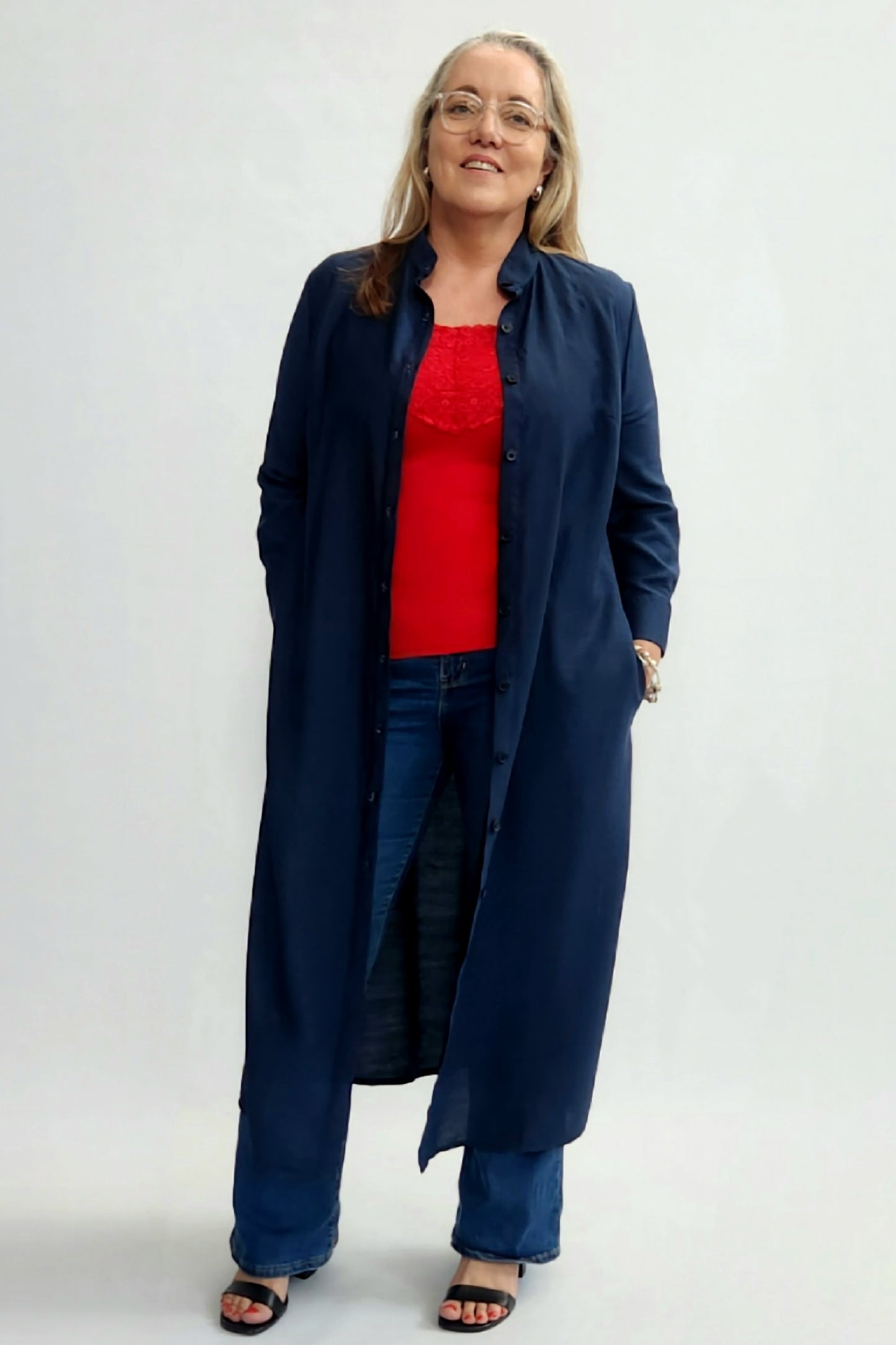 Linen Blend Shirt Dress - Navy