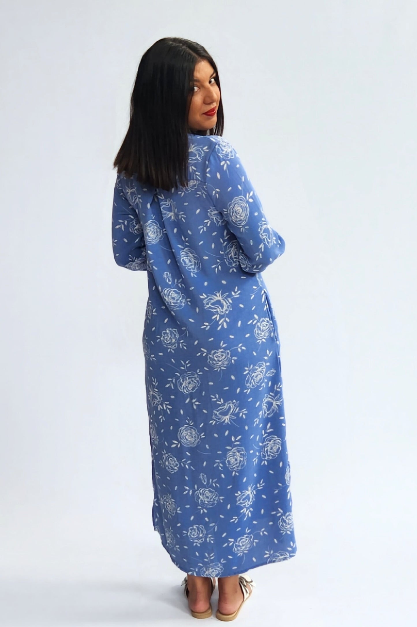 Linen Blend Shirt Dress - Blue floral
