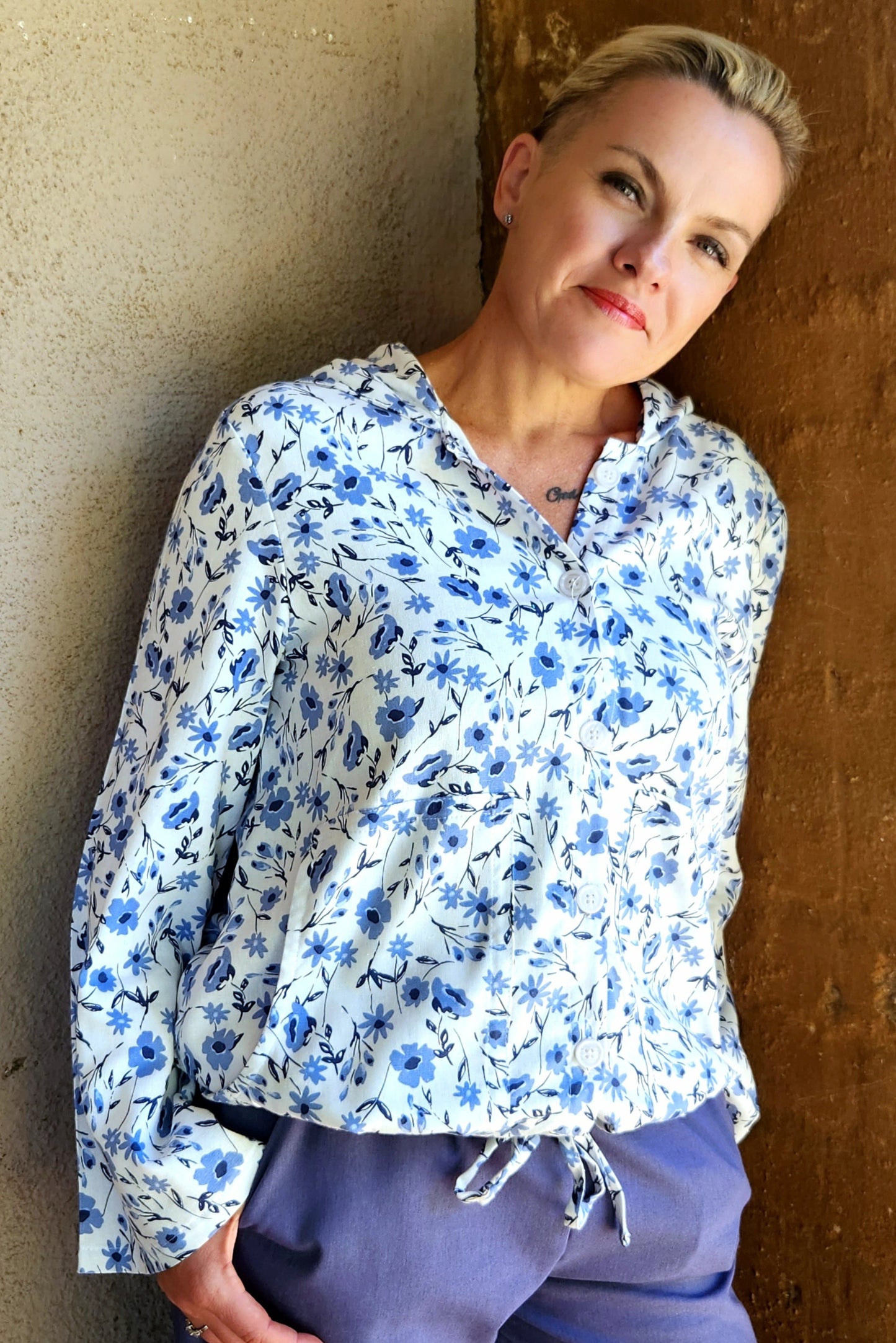 Linen Blend Hoodie Jacket - Blue floral
