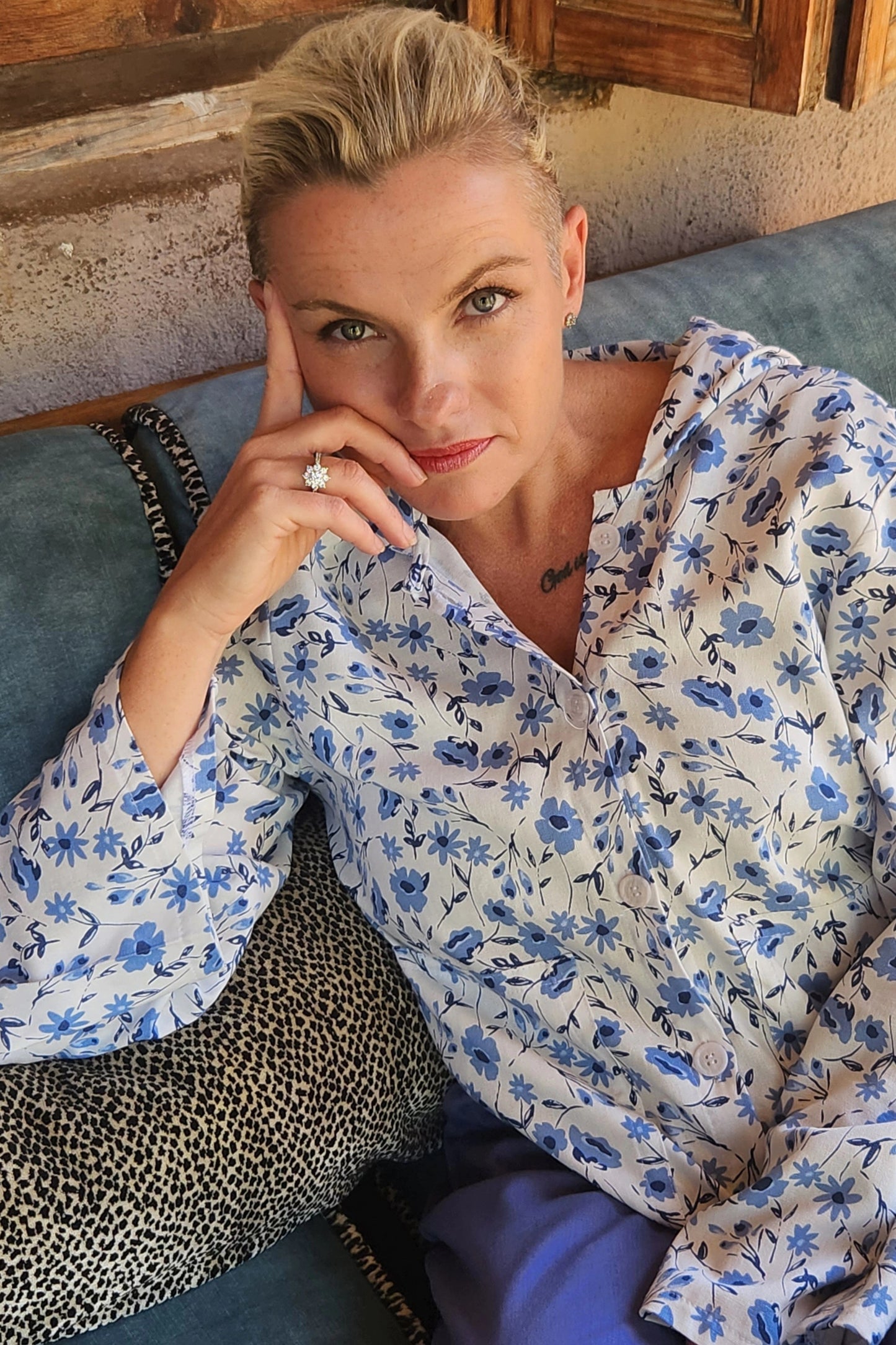 Linen Blend Hoodie Jacket - Blue floral