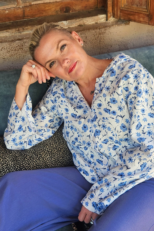 Linen Blend Hoodie Jacket - Blue floral