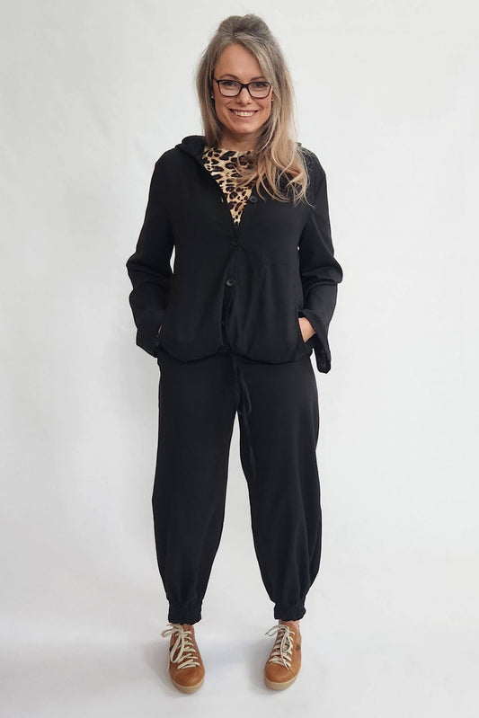 Linen Blend Hoodie Jacket - Black