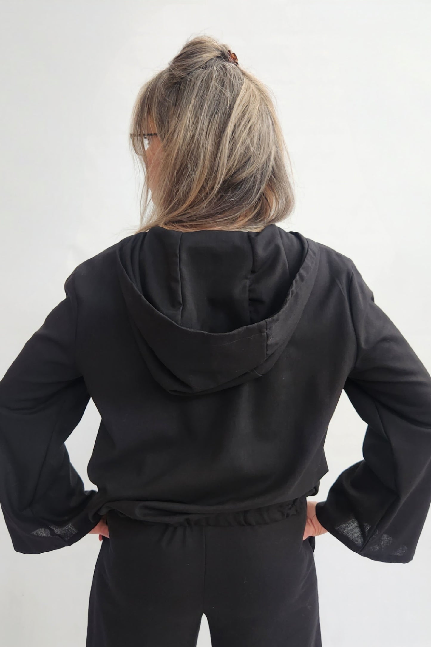 Linen Blend Hoodie Jacket - Black