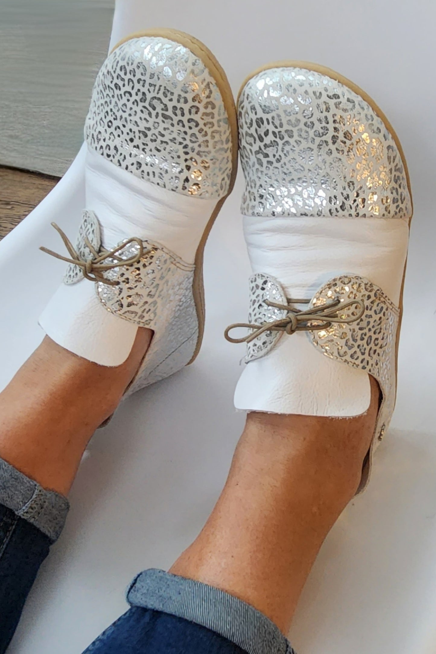 Barefoot Leather Shoe - White and silver leopard print