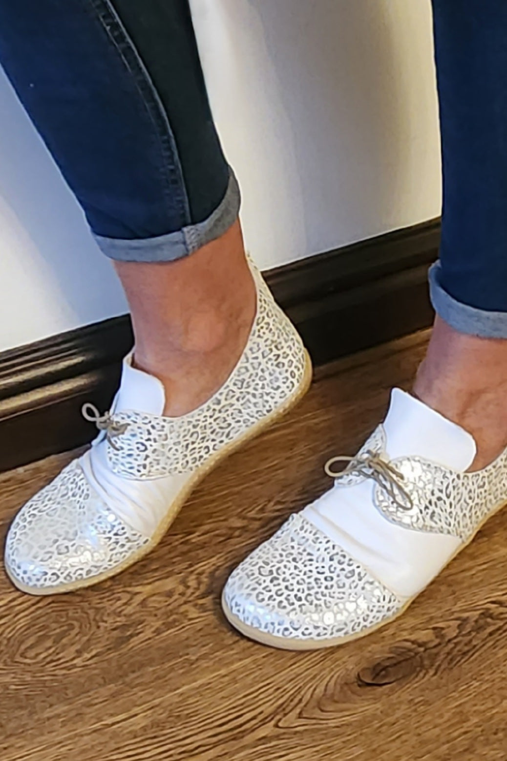 Barefoot Leather Shoe - White and silver leopard print