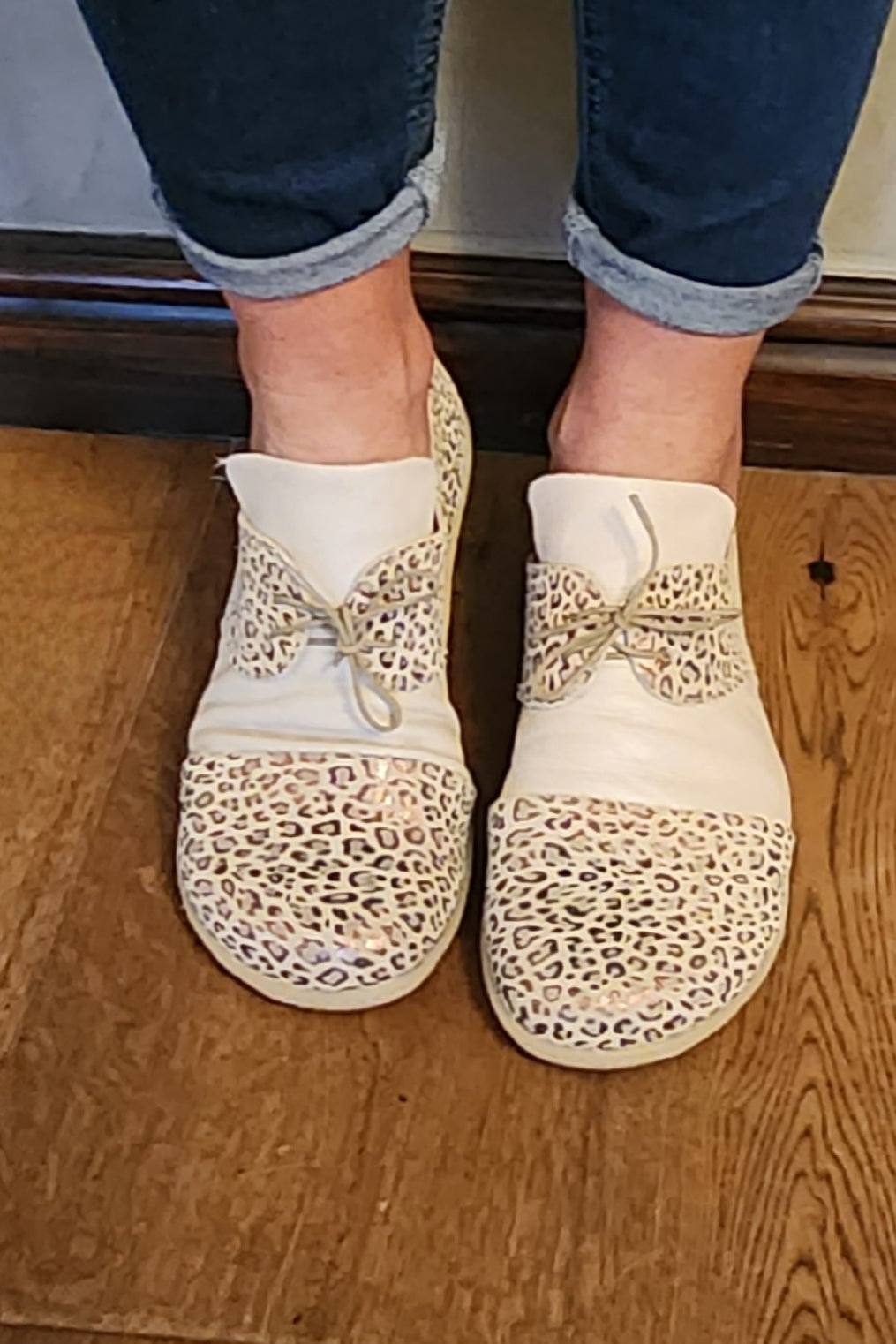 Barefoot Leather Shoe - Cream and bronze leopard print