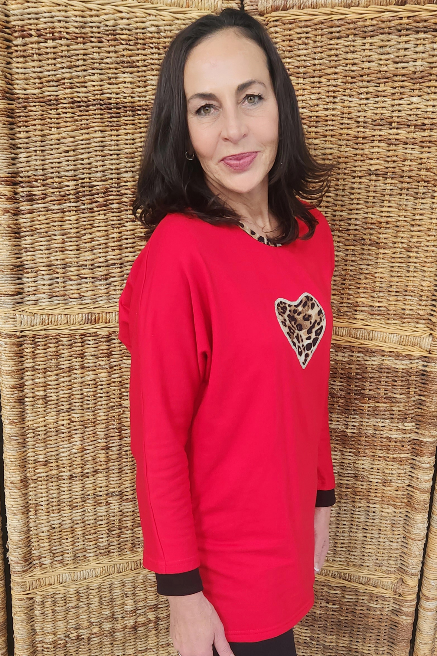 Batwing Top with Leopard Heart - Red