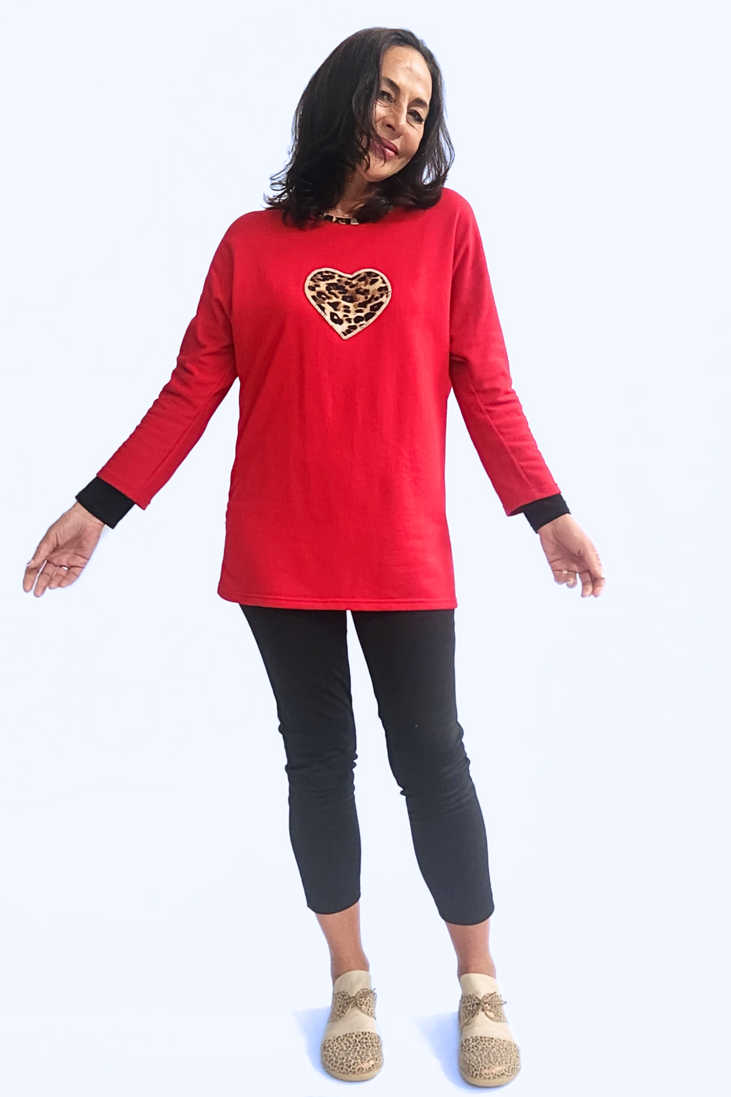 Batwing Top with Leopard Heart - Red