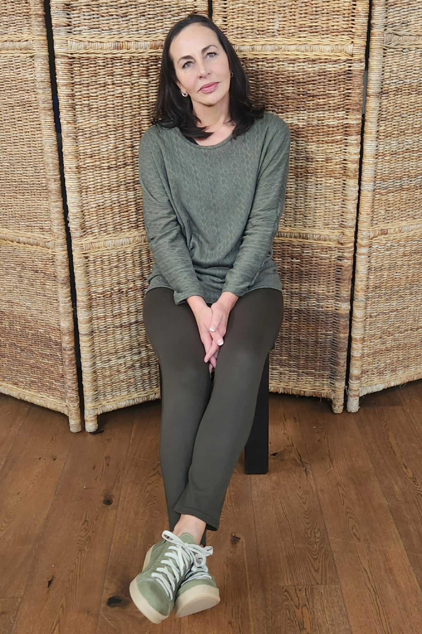 Cable Knit Batwing Top - Olive