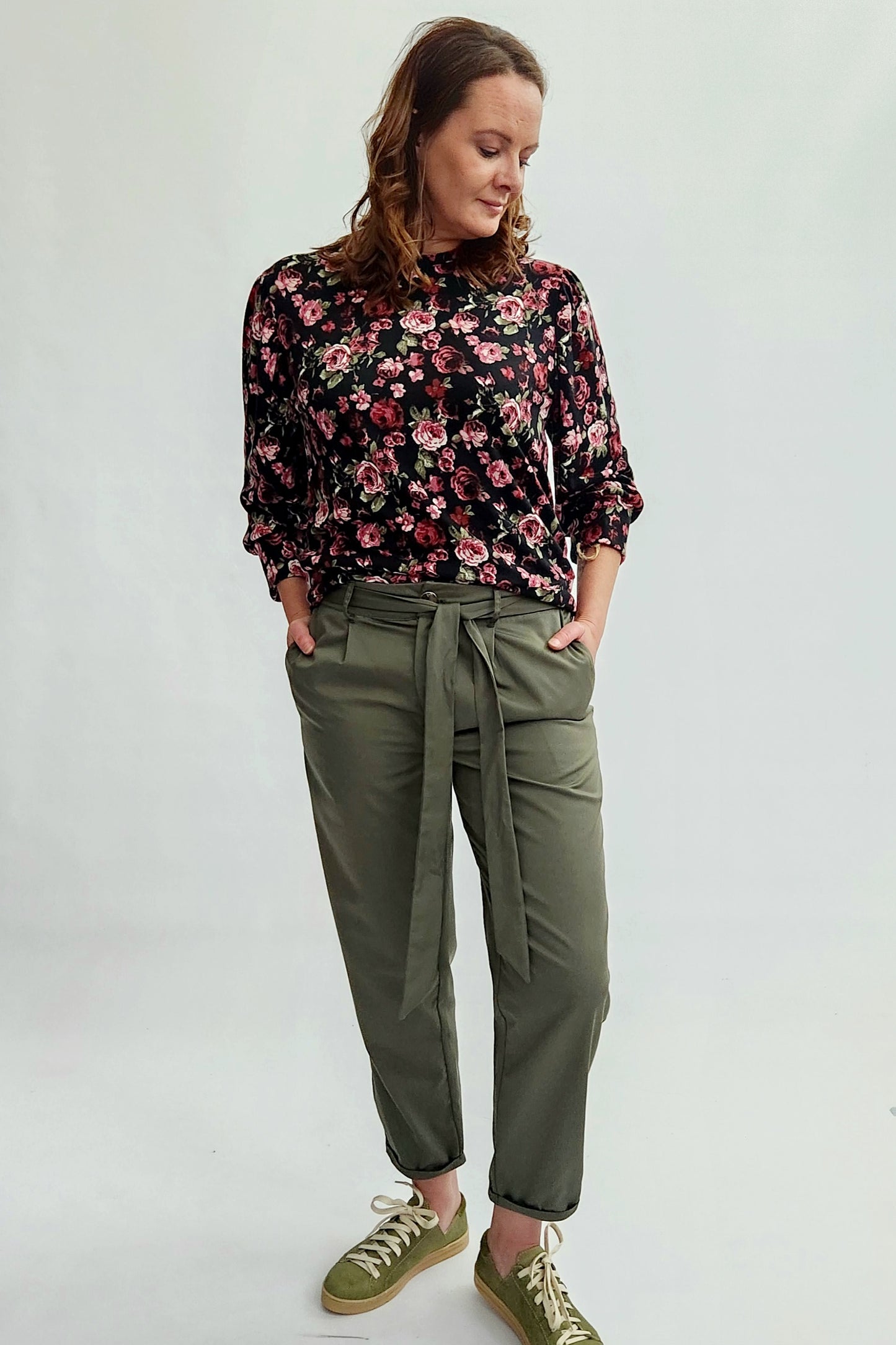 Three-quarter Sleeve Top - Black floral print
