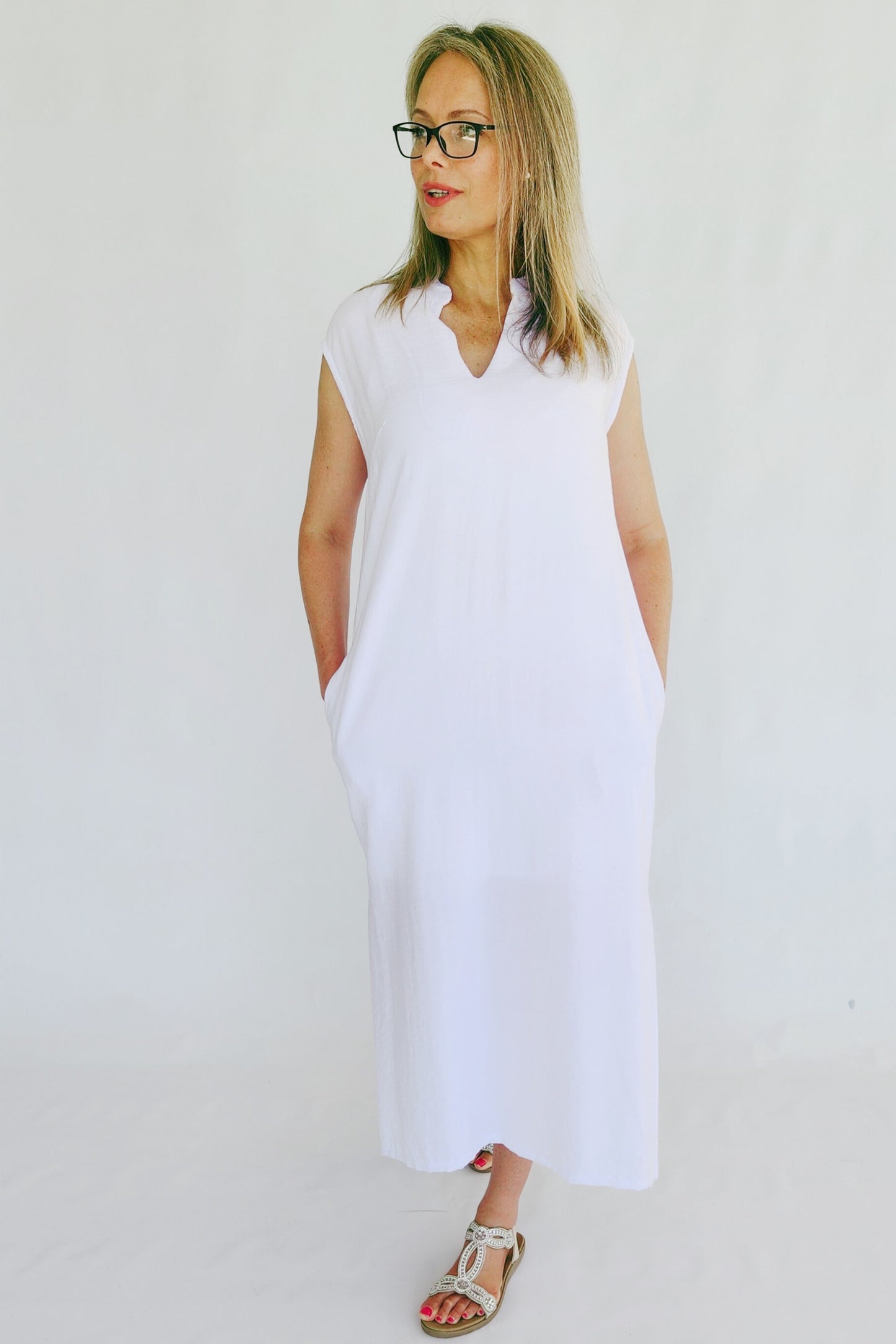 Linen Blend Shift Dress - White