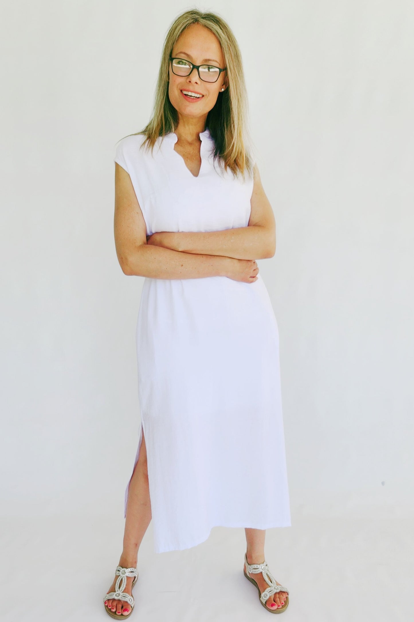 Linen Blend Shift Dress - White