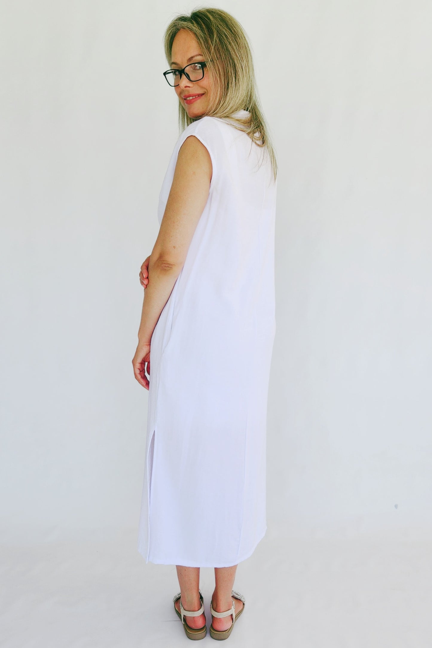 Linen Blend Shift Dress - White