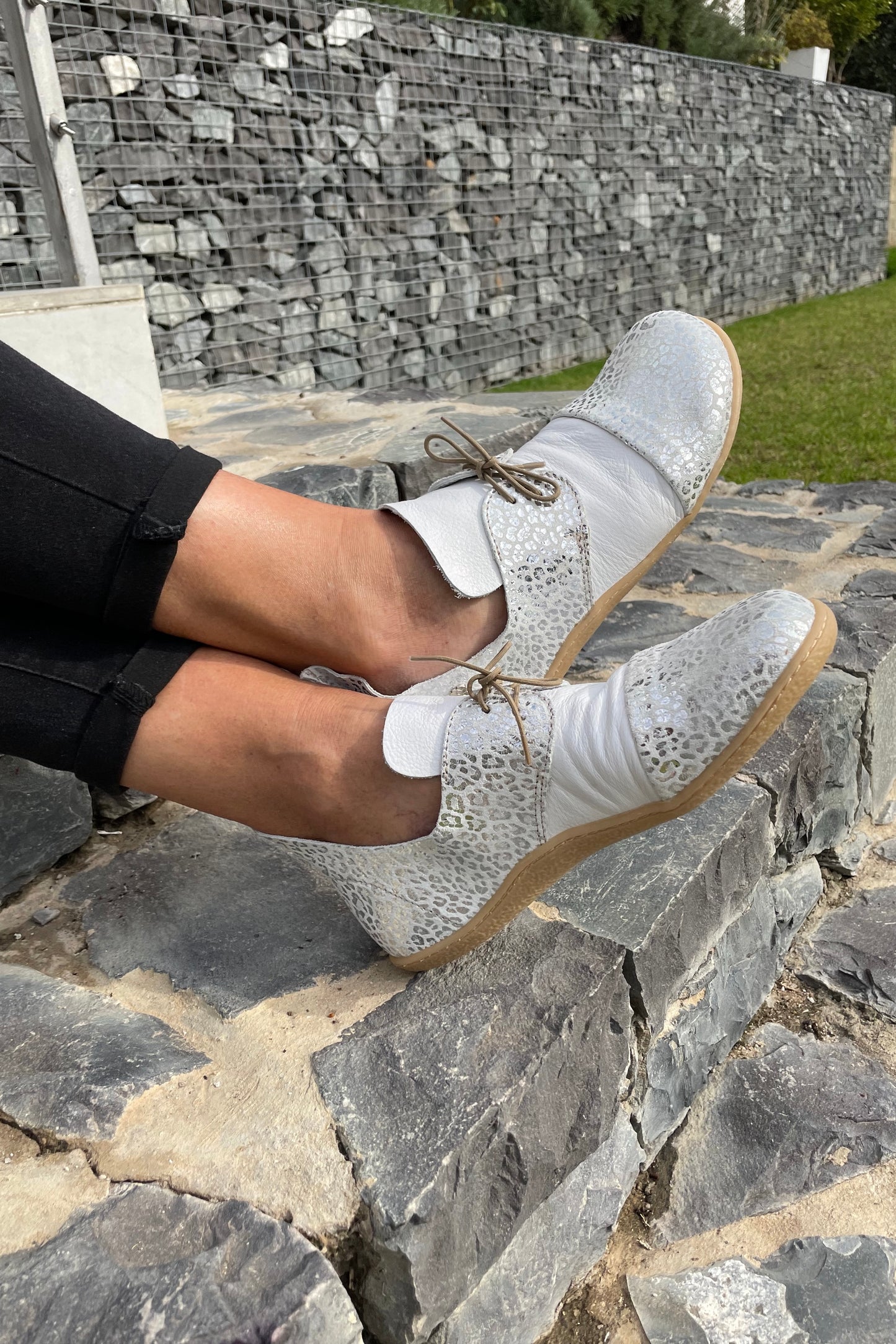 Barefoot Leather Shoe - White and silver leopard print