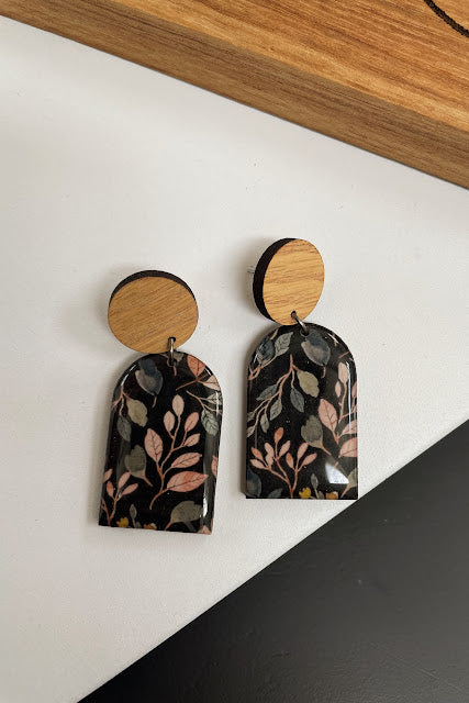Resin Earrings - Black floral