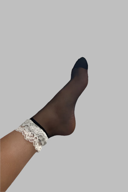 Sheer Black Sock with White Lace Ruffle - Short