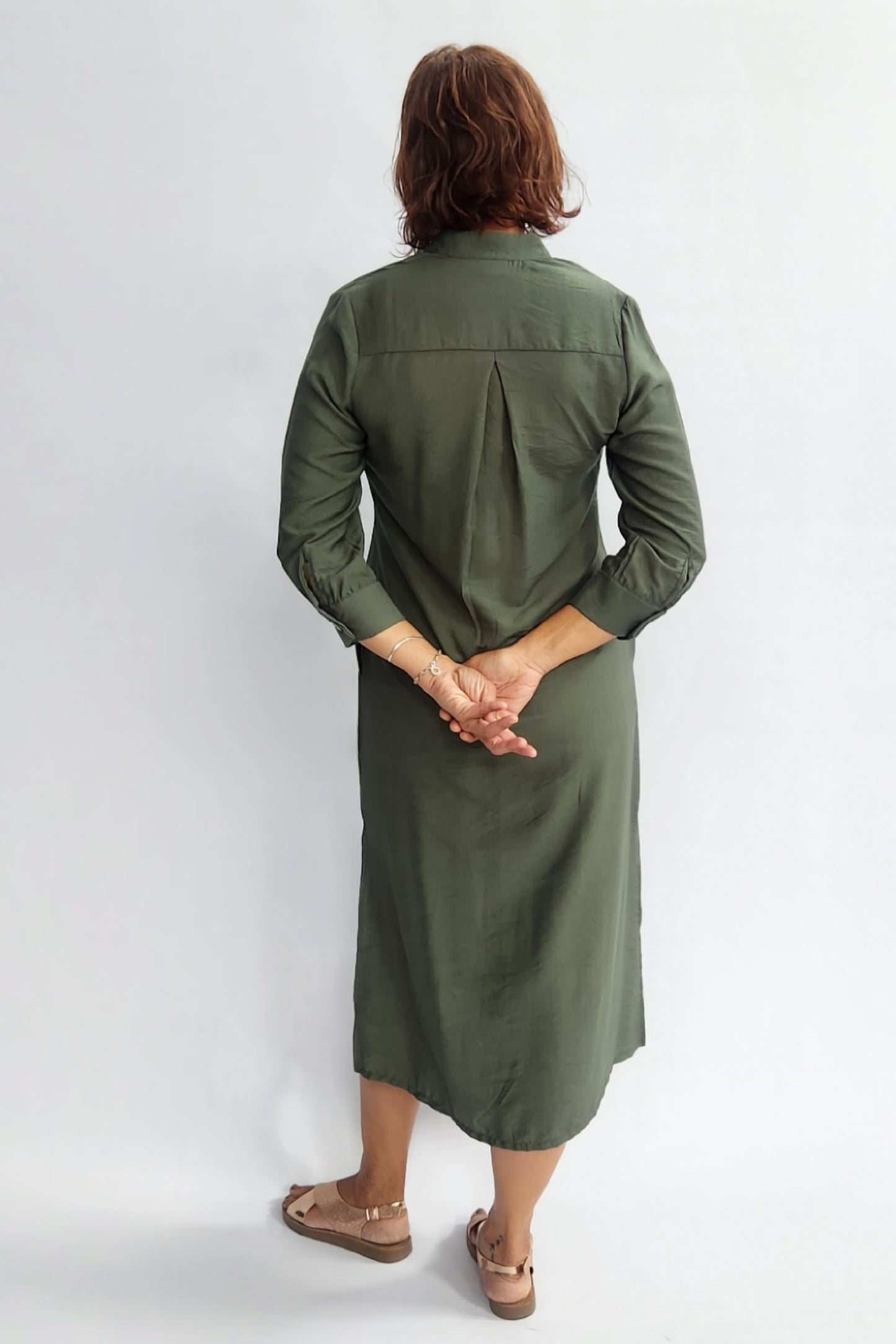 Linen Blend Shirt Dress - Olive