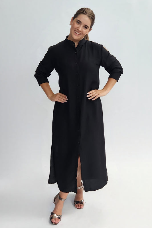 Linen Blend Shirt Dress - Black