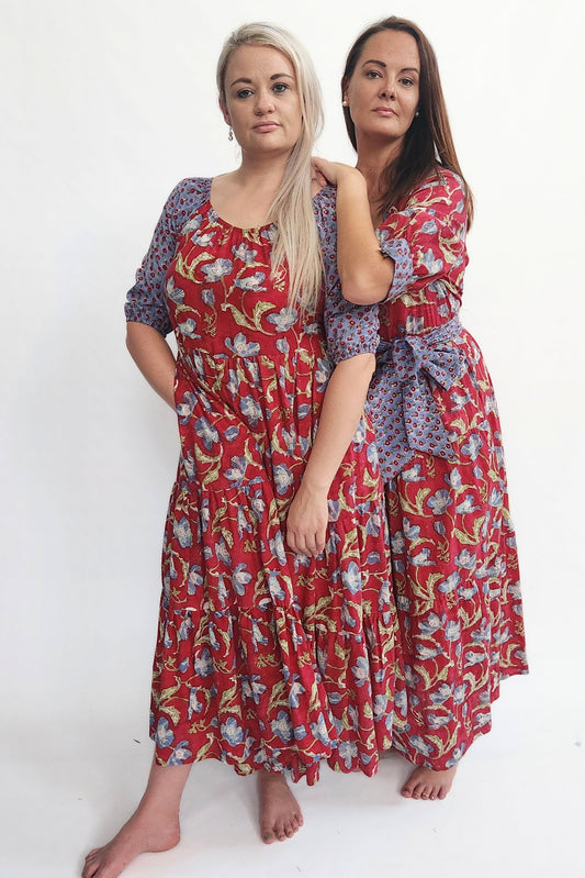 Cotton Maxi Dress - Blue and red floral