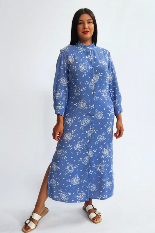 Linen Blend Shirt Dress - Blue floral