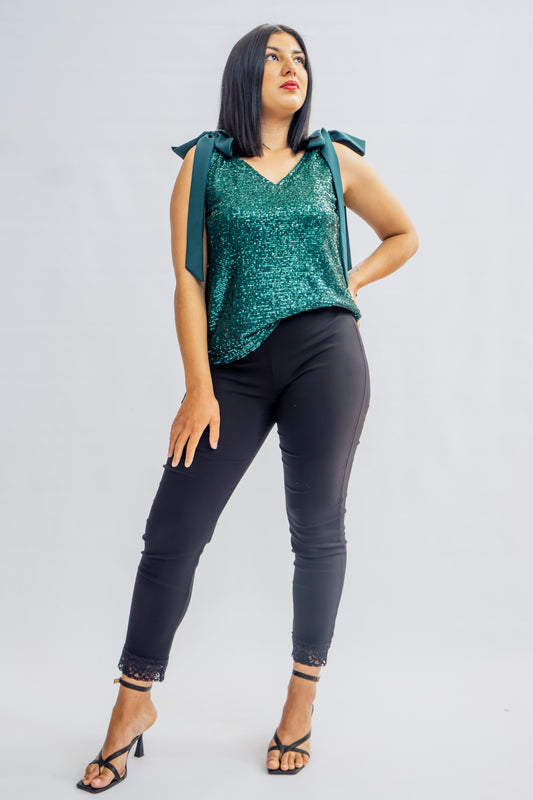 Sequin top with bow detail - Emerald green