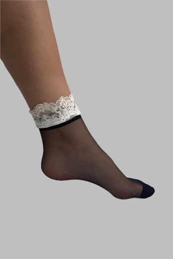 Sheer Black Sock with White Lace Ruffle -  Short