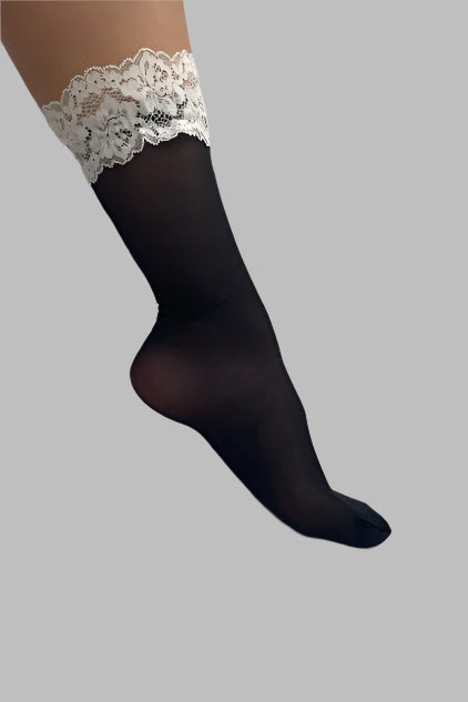 Sheer Black Sock with White Lace Ruffle -  Long