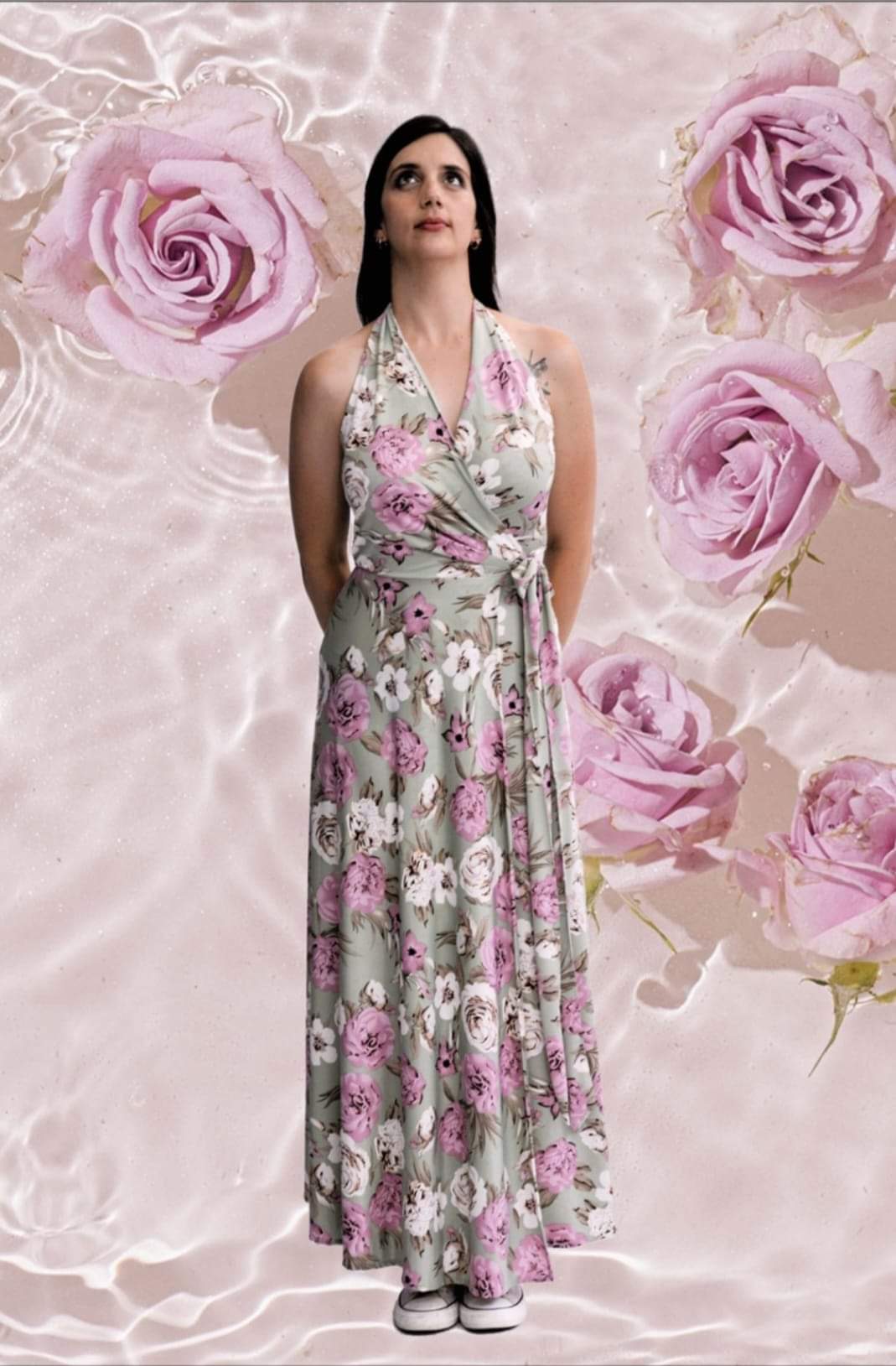 Halter Wrap Dress - Sage floral